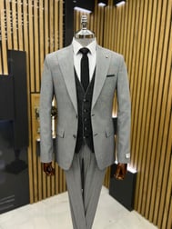 Gri Çift Taraflı Yelekli Slimfit Exclusive Takım Elbise  