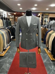 Gri Çizgili Kruvaze Slimfit Takım Elbise 